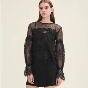 MAJE NWOT Larita Lace Dotted Swiss Top in Black